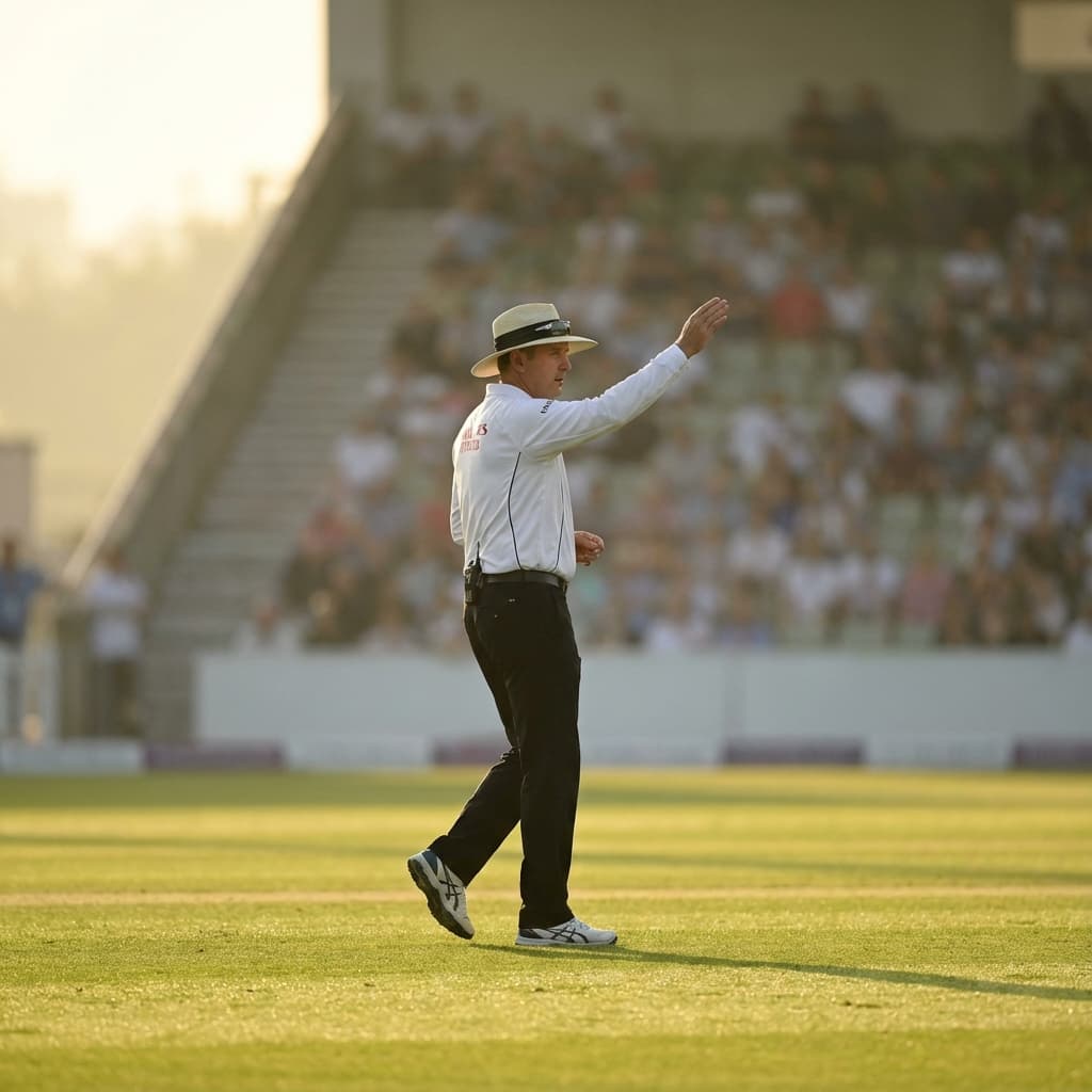 Professional cricket umpire in official white uniform making decision signal during Bay Area cricket match